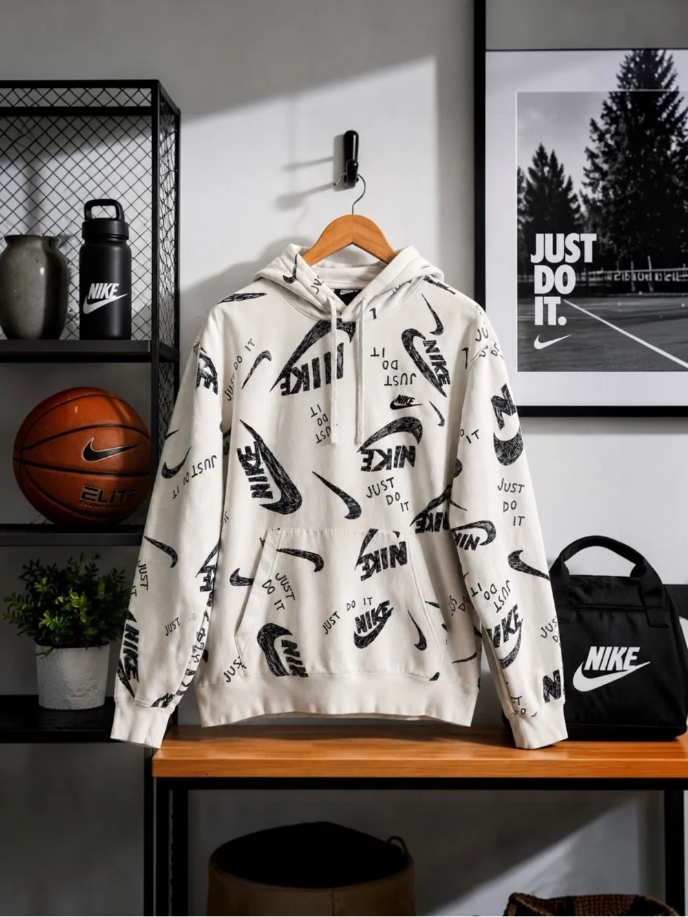 Nike Just Do It All Over Print Hoodie Men’s XL White Black